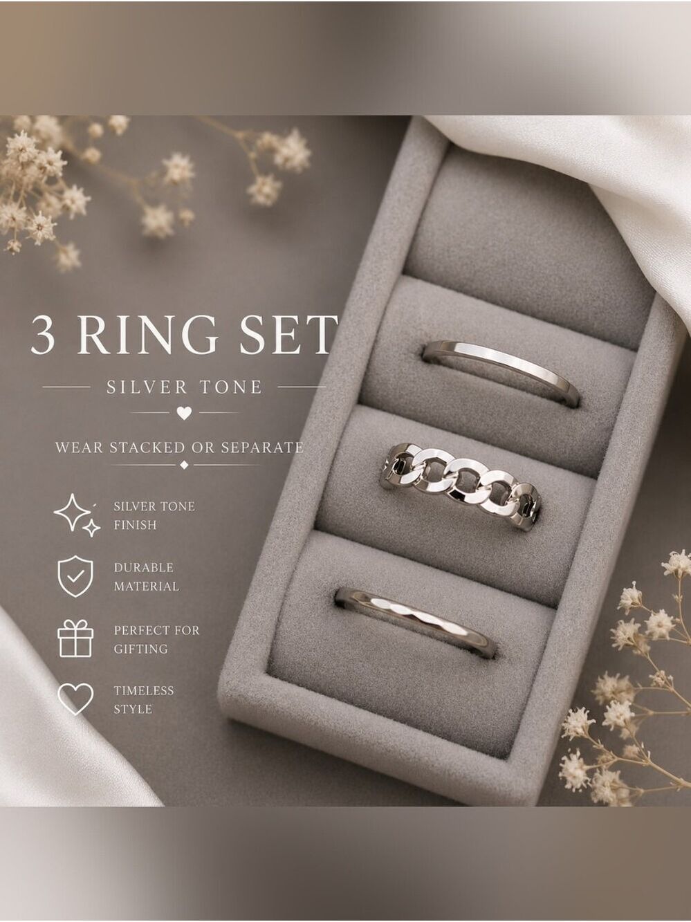 3-Piece Silver Tone Women's Ring Set - Stackable Fashion Bands